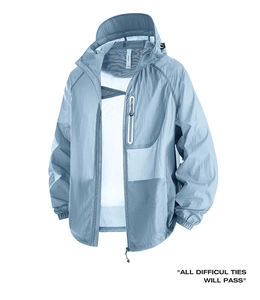 Detail of light blue UPF 50+ sun protection jacket with breathable mesh lining and hood