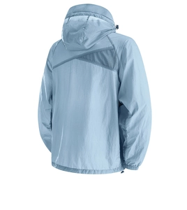 Detailed back view of light blue UPF50+ jacket with V-shaped mesh ventilation panel