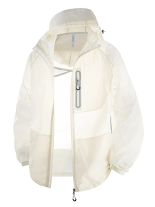 UPF 50+ white sun protection jacket with hood and chest zipper pocket for outdoor use