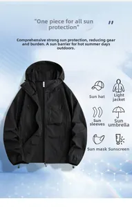 Détails de la veste de protection solaire UPF50+ avec capuche réglable et tissu technique