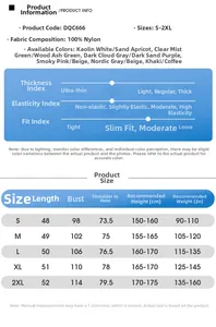 Detailed size chart for UV protective sun hoodie including measurements from S to 2XL sizes