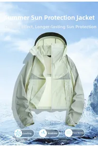 Detail of UV protection sun jacket showing ice-cool breathable fabric with UPF 50 rating