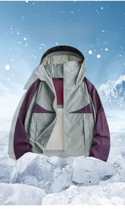 Outdoor hooded jacket with grey and purple color-blocking, windproof high collar design