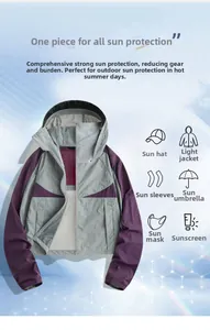 Detail of UV protection jacket showing hooded face mask and breathable tech fabric