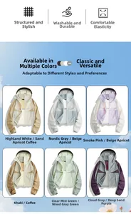 Outdoor UV jacket display showing six stylish color options with a breathable hooded design