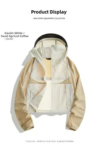 Detailed view of lightweight windbreaker in white and beige with hooded zipper design