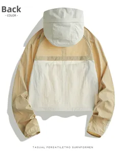 Back view of a hooded UPF50+ breathable sun protection jacket with color-block design