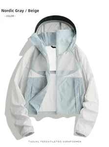 Flat lay of men hooded windbreaker in nordic grey and rice apricot color block design