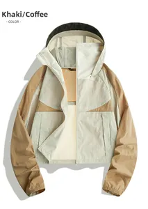 Detail view of khaki breathable sun protection jacket with mesh lining and drawstring hood