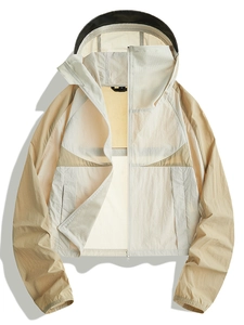Women's UV protection UPF50+ hooded outdoor sun jacket with color-block patchwork design