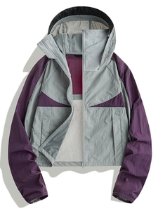 Breathable hooded UV protection jacket with purple and grey color block design