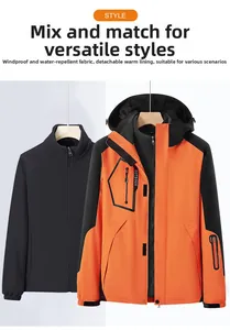 Detail of 3-in-1 waterproof jacket with detachable black fleece liner and orange outer shell