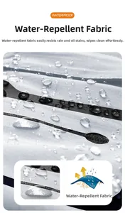 Detail of waterproof 3-in-1 outdoor jacket fabric showing water droplets on tech material