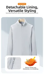 Detail of light gray fleece jacket with detachable lining and thermal fabric structure