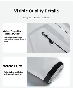 Detail of waterproof taped pocket and adjustable velcro cuffs on outdoor jacket