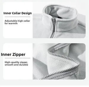 Close-up of light gray fleece jacket liner featuring a stand-up collar and smooth zipper