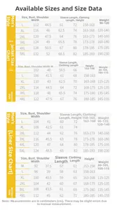 Detailed size chart for men and women's 3-in-1 waterproof jacket and inner liner