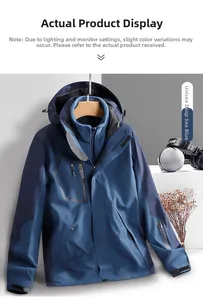 Detail of blue 3-in-1 waterproof jacket showing fleece lining and hooded design