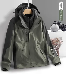 Detail of 3-in-1 outdoor jacket with army green shell and black fleece lining