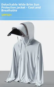 Detail of light gray sun jacket with detachable black brim and UPF 50+ UV protection