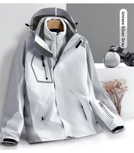 Detail of silver gray 3-in-1 outdoor jacket featuring detachable fleece liner and hood