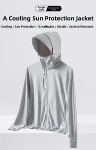 Detail of light grey sun protection jacket showing breathable mesh and hooded face shield