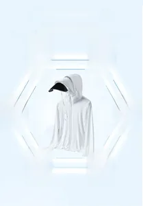 UPF50+ sun protection hoodie with detachable brim and integrated face mask detail