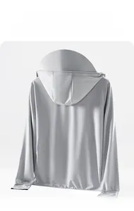 Detail of breathable honeycomb fabric on light grey UPF50+ sun protection hoodie