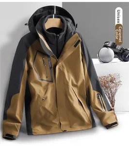 Detail of waterproof 3-in-1 jacket with detachable fleece lining and outdoor logo