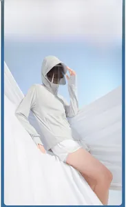Detail of grey ice silk sun protection jacket with transparent visor and finger hole cuffs