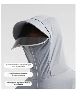 Detail of gray sun hat with wide brim, protective mask, and safety anti-pinch zipper