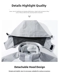 Detail of detachable hood with zipper and soft fleece lining on light gray jacket