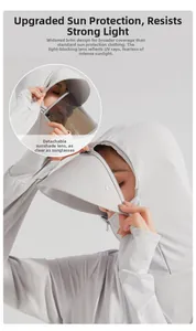 Detail of grey sun protection jacket with wide brim and detachable UV tinted face shield