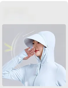 Detail of light blue UPF50+ jacket with 10cm brim and thumbholes for sun protection
