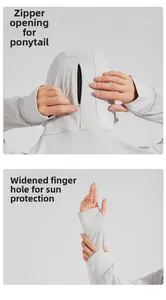 Detail of sun shirt with ponytail zipper hole and extended thumbholes for hand protection