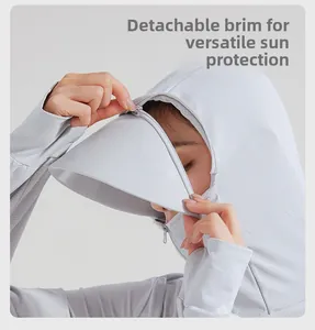 UPF50+ sun protection jacket detail showing the detachable brim via a zipper