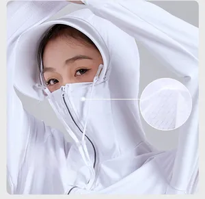 Detail of white breathable UPF50+ sun protection jacket with full-face mask and hood
