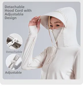 Detail of UPF50+ sun jacket showing removable drawstring and adjustable hood system
