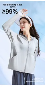 Detail of light grey UPF50+ sun jacket with thumbholes and 99 percent UV protection
