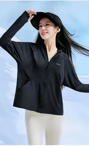 Close-up of black hooded UPF50+ sun protection jacket with breathable ice silk fabric