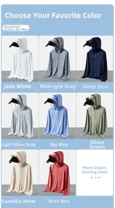 Detail grid showing eight colors of UV protective sun hoodies with black visors