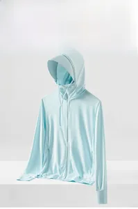 Close-up of breathable mesh fabric and integrated sun hat on light blue UV jacket