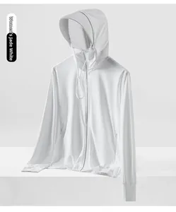 Detail of jade white sun protection jacket featuring breathable mesh and hood with thumbholes