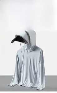 Detail view of silver grey sun protection jacket with hood and breathable ice silk fabric