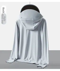 Detail view of the back of a light silver grey sun protection jacket with breathable mesh