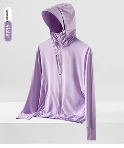 Detail of lavender UV sun protection jacket with breathable mesh fabric and thumb holes