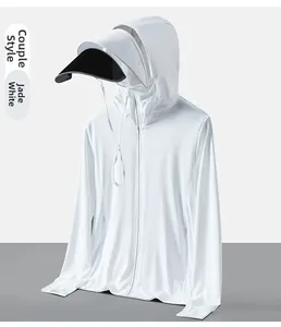 Detail view of jade white sun protection jacket with breathable mesh and face shield