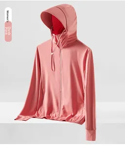 Detail of Women's Sunset Pink UPF50+ sun jacket with hood, drawstring and soft texture