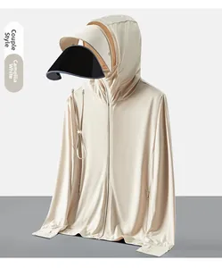 Detail of camellia white sun protection jacket with detachable double-layer visor and mesh fabric