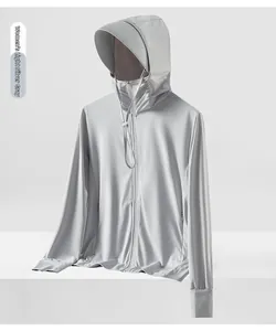 Close-up of light silver-grey sun protection jacket with breathable mesh and thumbholes
